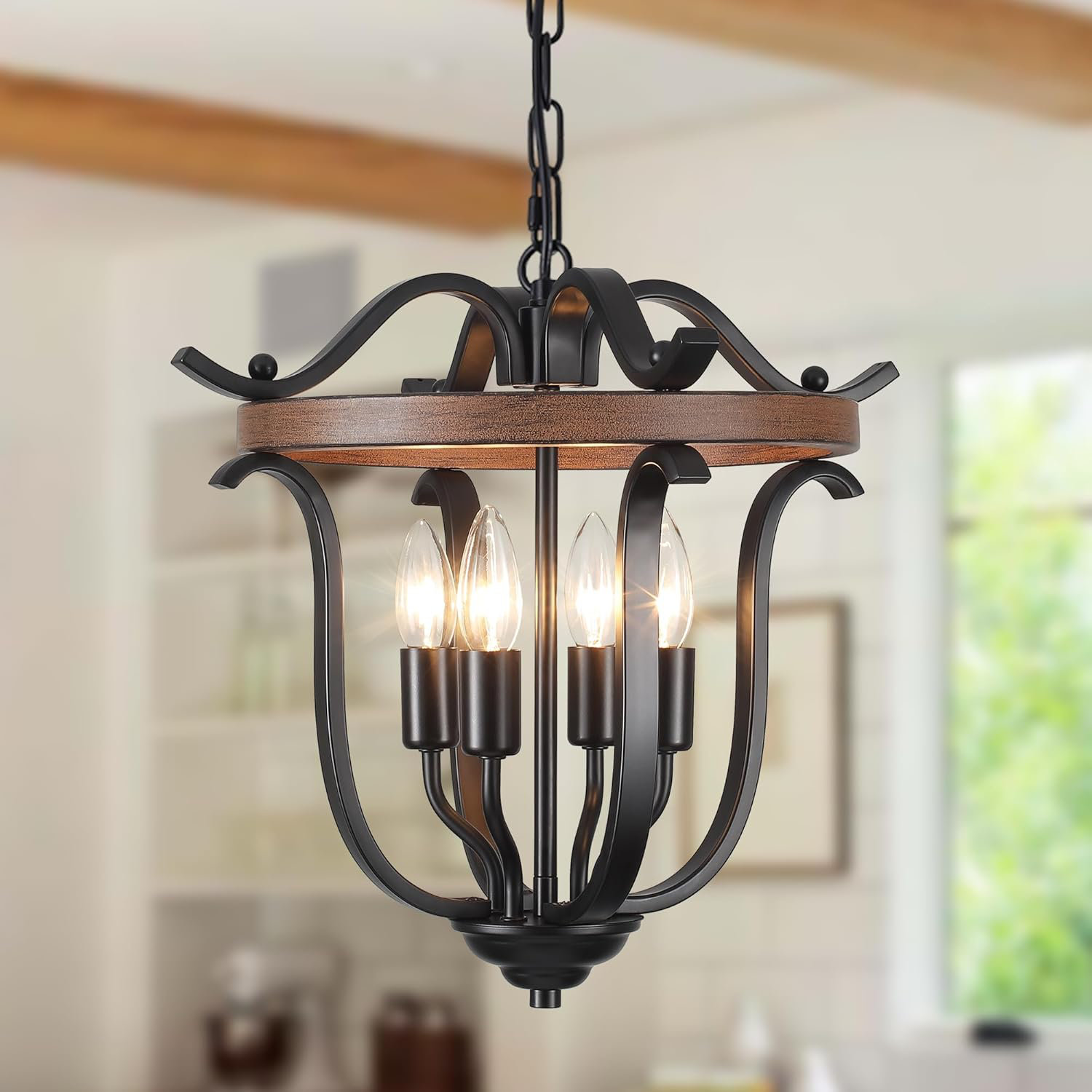 4-Light Black Farmhouse Chandelier | Adjustable Rustic Cage Pendant Light For Kitchen, Dining - View #5