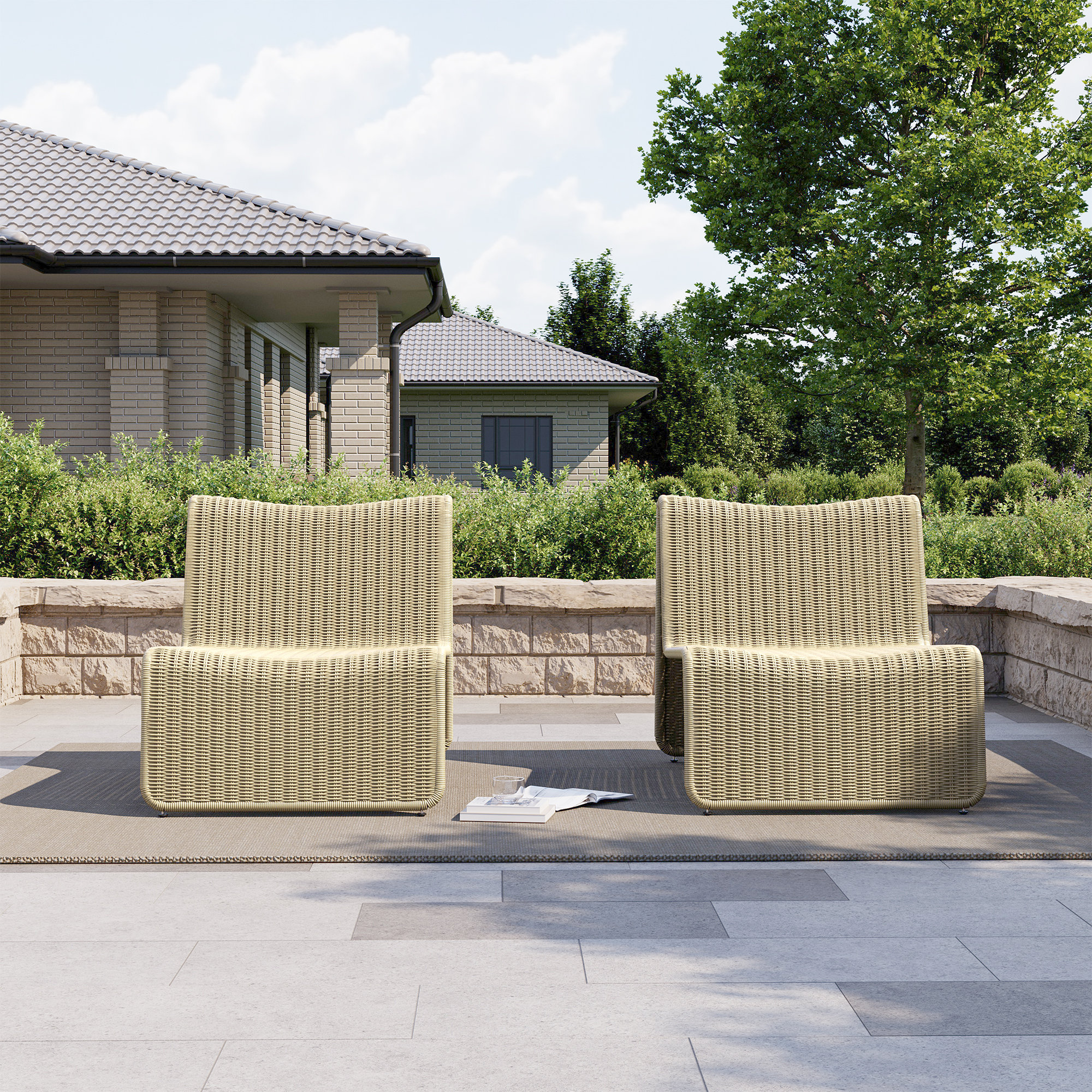 Shorsey Sloped Wicker Patio Lounge Chairs, Beige