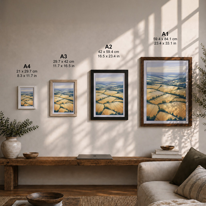 Patchwork Fields Landscape - Print, Black, A4 - 29.7 x 21.0 cm