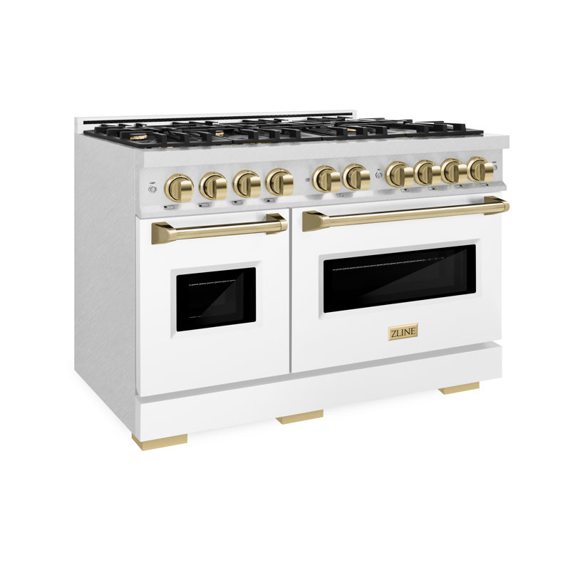ZLINE Autograph 48" Classic Double Oven Dual Fuel Range w/ Champagne Bronze Accents, Gold, White Matte/Satin Stainless Steel