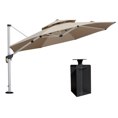 Parasol rond en porte-à-faux à manivelle 144 po avec base Sharayne Sharayne, beige