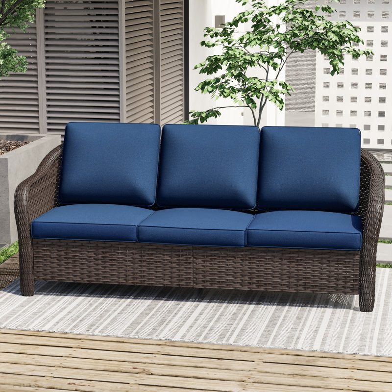 3-Person Polyethylene Wicker Outdoor Patio Sofa with Blue Cushions, Blue