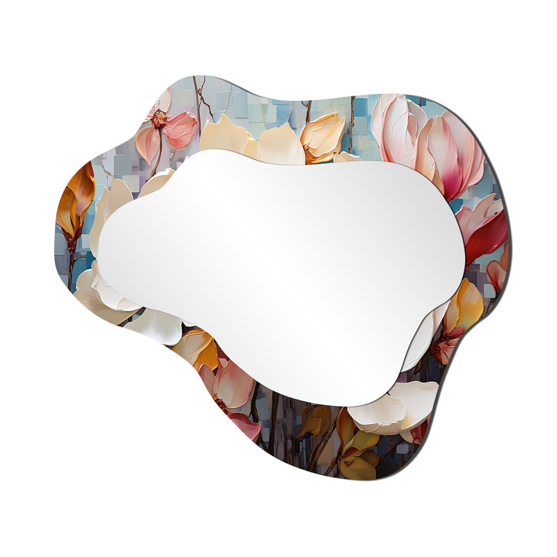 White Pink Magnolias Magnolia Symphony II - Magnolias Irregular Shape Large Mirror, Traditional Asymmetrical Decorative Wall Mirror, Printed Metal Art