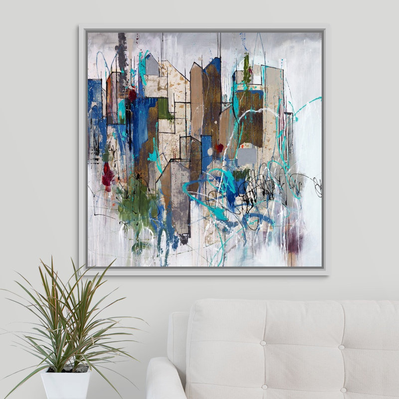 « stomping ground oreillers », peinture sur toile, H 31,7 po x l 31,7 po x P 1,75 po, Cadre flottant blanc