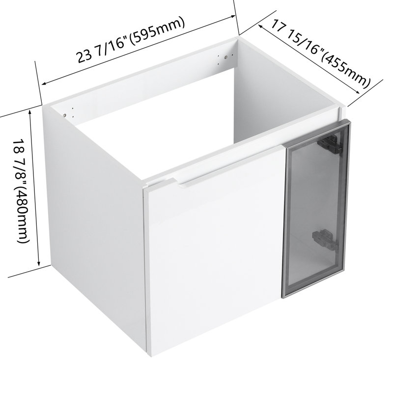 Armoire de meuble-lavabo mural blanc brillant Roomfitter avec rangement flottant deux tons avec demi-portes en verre gris