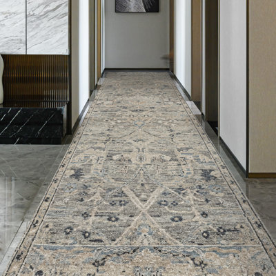 Tapis gris et bleu noué à la main de haute qualité