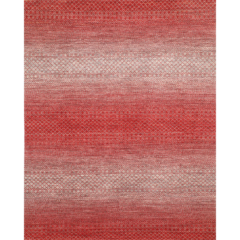 Tapis en laine noué à la main en rouge / blanc, Rectangle 9 pi x 12 pi