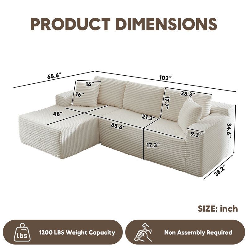 Boneless Modular Sectional Sofa, Cloud Couch, Left Hand Facing, White