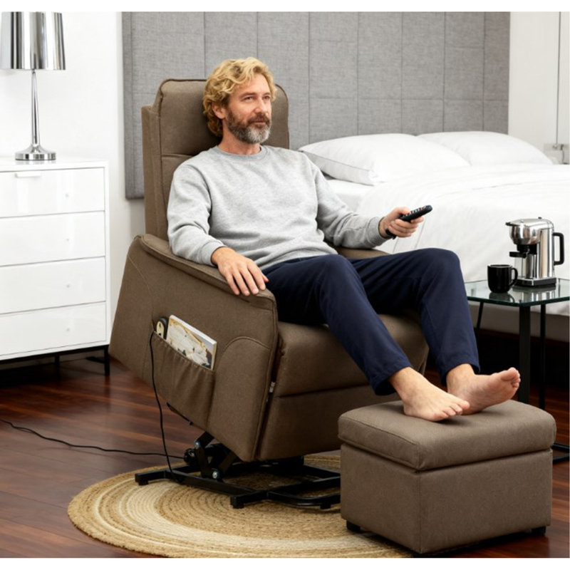 Canapé inclinable en tissu avec télécommande, fauteuil relevable électrique, poches latérales, assemblage rapide, Brun