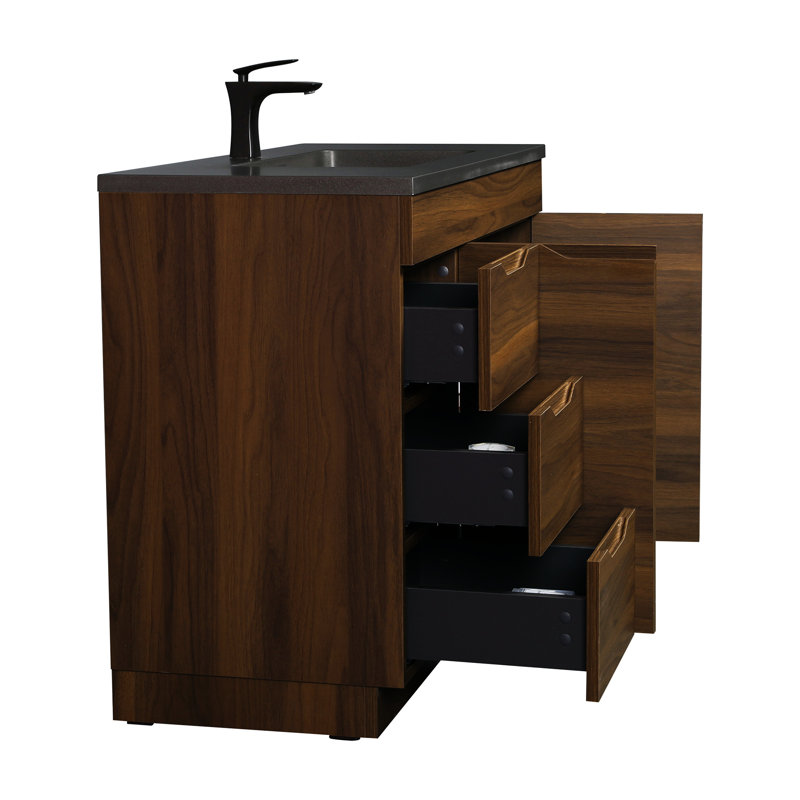 Meuble-lavabo autoportant en noyer de 40 po avec comptoir en quartz noir Damico