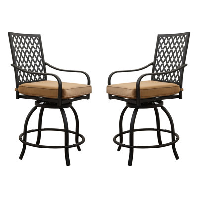 Chaises pivotantes d'extérieur en kaki - 360 degrés de rotation pour le balcon de jardin, terrasse, bistro, coussin en métal et coussin de bar doux, 2 pièces pour jardin, balcon, cour, siège pivotant, siège de soutien, construction