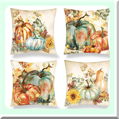 Autumn Harvest Pillow Cover Set - Pumpkin Sofa Pillowcase Farmhouse Square Couch Cushion Covers - Thanksgiving Watercolor Home Decor for Bedroom & Living Room - Fall Throw Pillows
