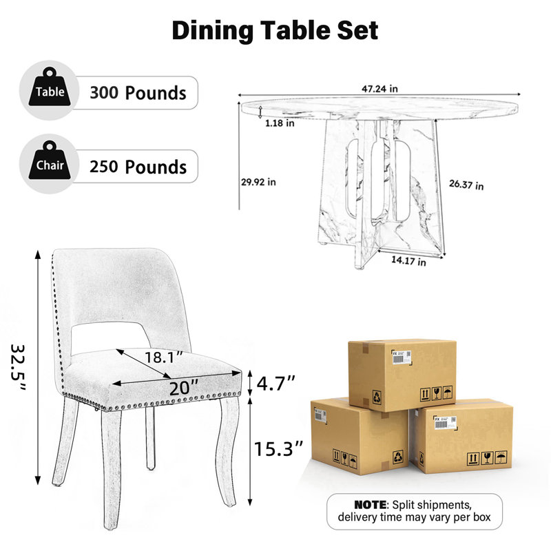 Ensemble de table ronde 47 po avec chaises 4/6 rembourrées, finition chêne / noyer / marbre pour la cuisine de la salle à manger