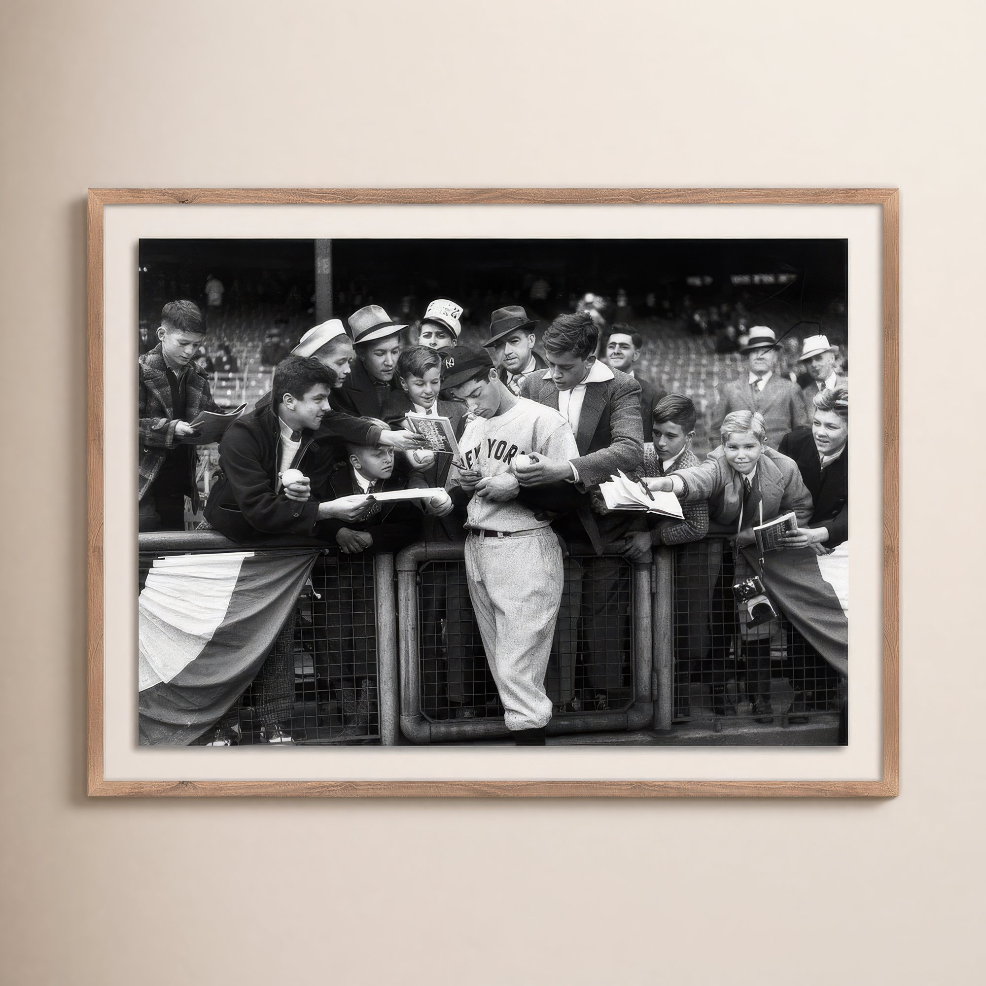 Joe DiMaggio Signing Autotgraphs For Fans by Getty Images, Rustic Walnut Framed, 18" H x 24" W