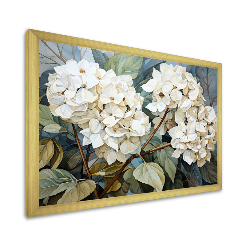 «Cubist Hydrangea L'interpretation» - art mural hortensia, Cadre doré simple, H 16 po x l 32 po x P 1 po