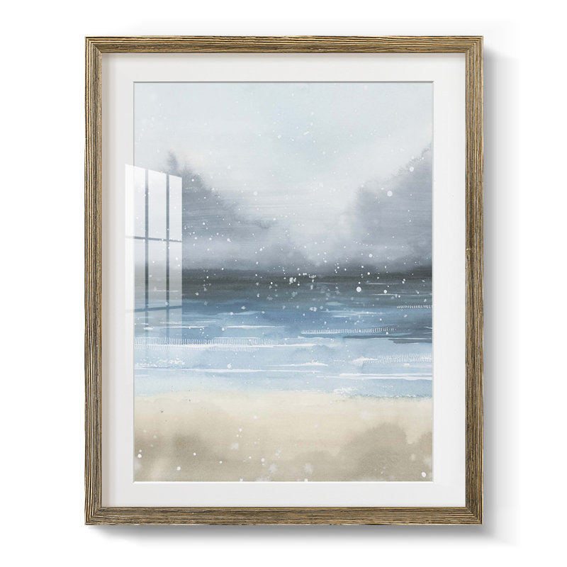 Verre bleu California Beach, Papier avec cadre noyer, Blanc