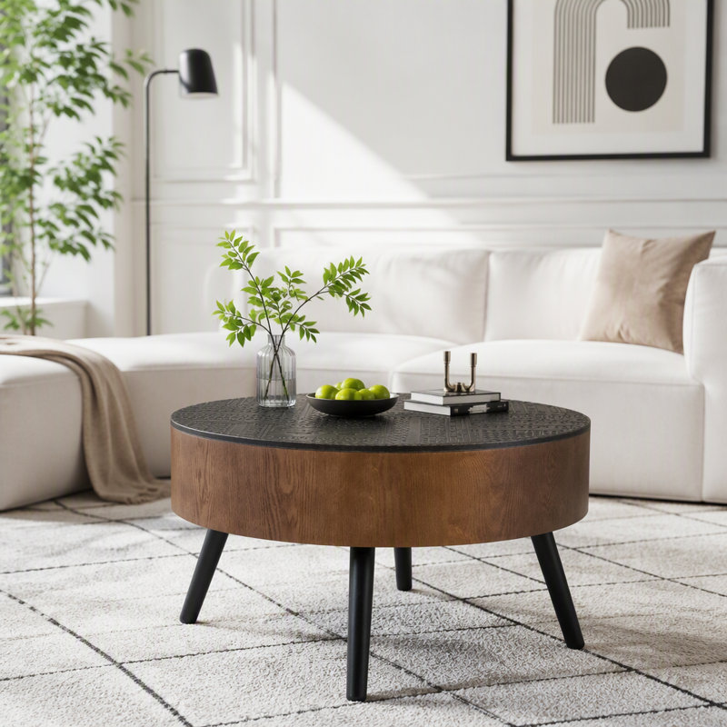 Table basse sculptée ronde avec rangement, 31.5"W, Brown