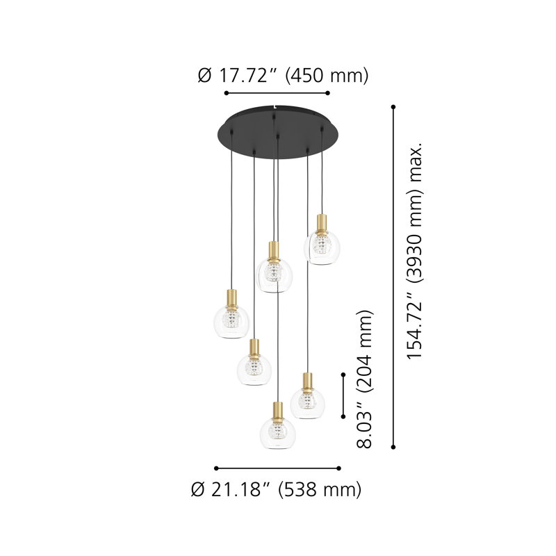 Luminaire suspendu DEL 21 pouces noir et or brossé 3CCT avec abat-jour en verre transparent Nenuphar