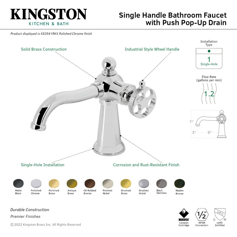 Kingston Brass Webb Single-Handle 1-Hole Deck Mount Bathroom Faucet with Knurled Handle and Push Pop-Up Drain, Brushed Brass