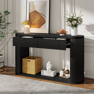 Console ovale cannelée, table d'entrée avec 2 tiroirs et tablette inférieure, table de canapé derrière le canapé pour le salon, couloir, vestibule, noir