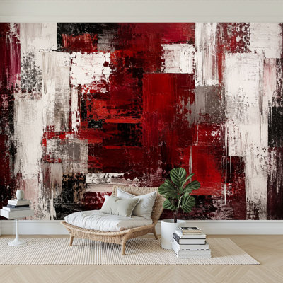 Wall Mural Peel and Stick Wallpaper Abstract Red White Black Composition Layered Brushstrokes Distressed Self-Adhesive Removable Contact Paper Wall Decor for Living Room Bedroom 100"H x 144"W