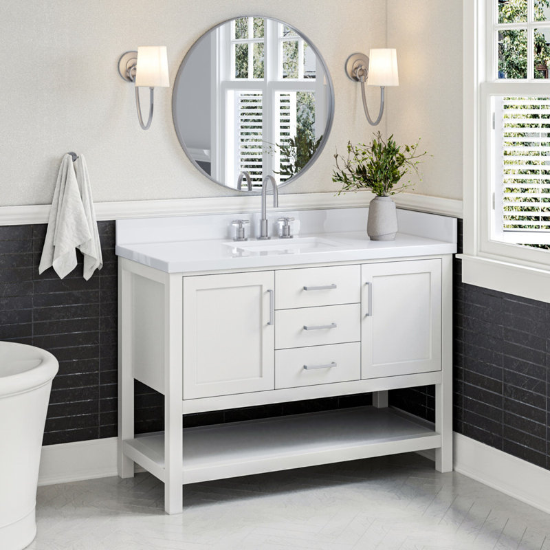 Meuble-lavabo simple avec plateau en quartz Abby, Blanc, Quartz blanc pur, L 49 po