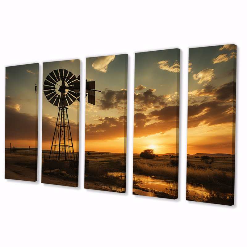 Texas Rustic Windmills - Landscapes Wall Art Print - 5 Equal Panels