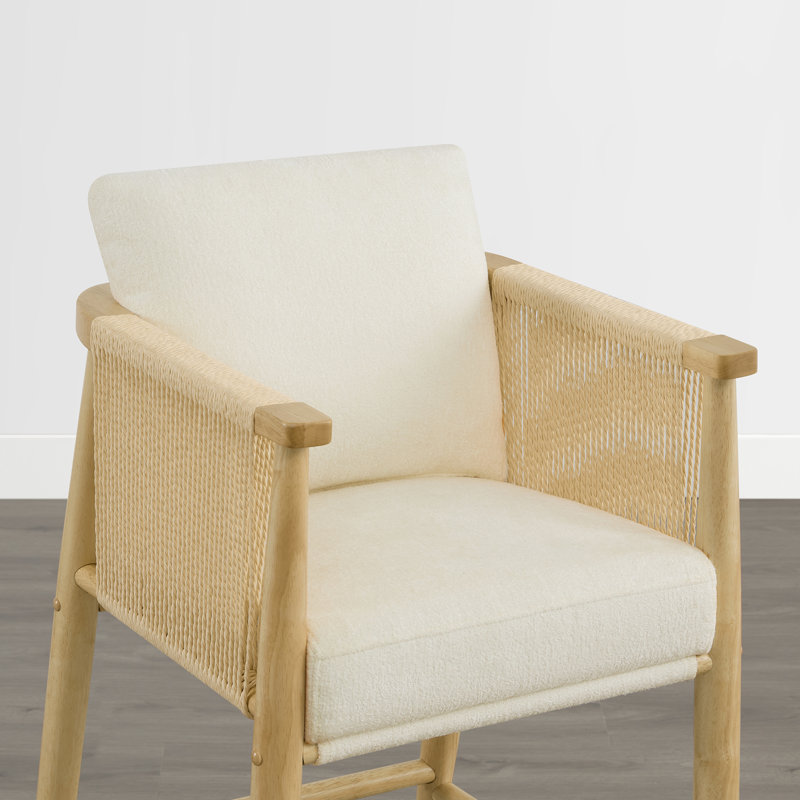 Upholstered Counter Stools with Hand-Woven Rope Arms, Cream