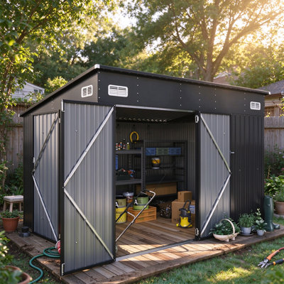 10 Ft. W X 8 Ft. D Metal Lean-to Storage Shed With Three Doors