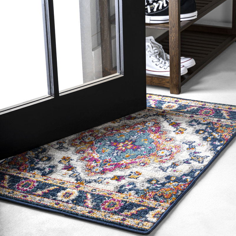 Lathan Power Loom Blue/Yellow/Cream Rug, Rectangle 2' x 3'