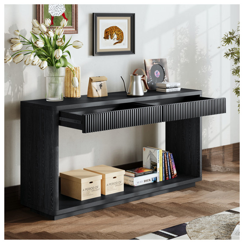 Console moderne de 60 pouces avec 2 tiroirs, canapé en placage de bois pour le salon, table d'entrée étroite, table d'appoint de couloir, finition noire