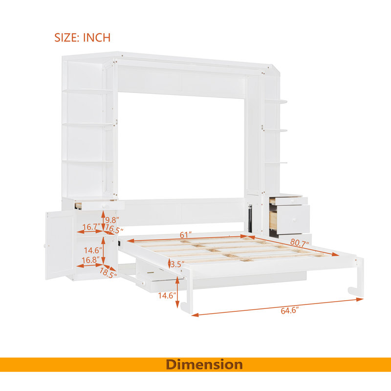 Grand lit escamotable avec bureau, tablettes et armoires de rangement, lit escamotable pour un bureau à domicile peu encombrant