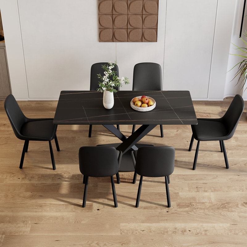 Ensemble de table de salle à manger rectangulaire en marbre 7 pièces avec 6 chaises en similicuir Juvan, Noir, Noir