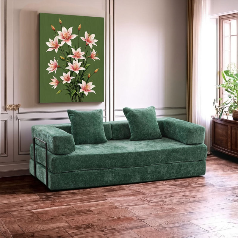 Canapé-lit à dossier en chenille vert foncé