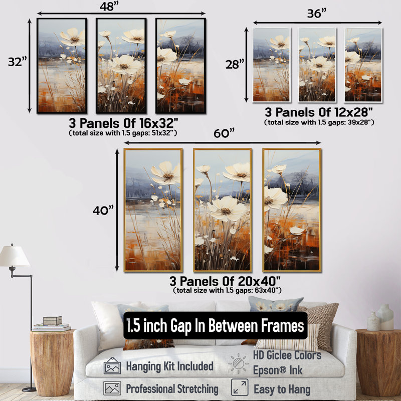 Champ captivant de fleurs - ensemble d'art mural floral, Cadre flottant blanc, H 28 po x l 36 po x P 1 po