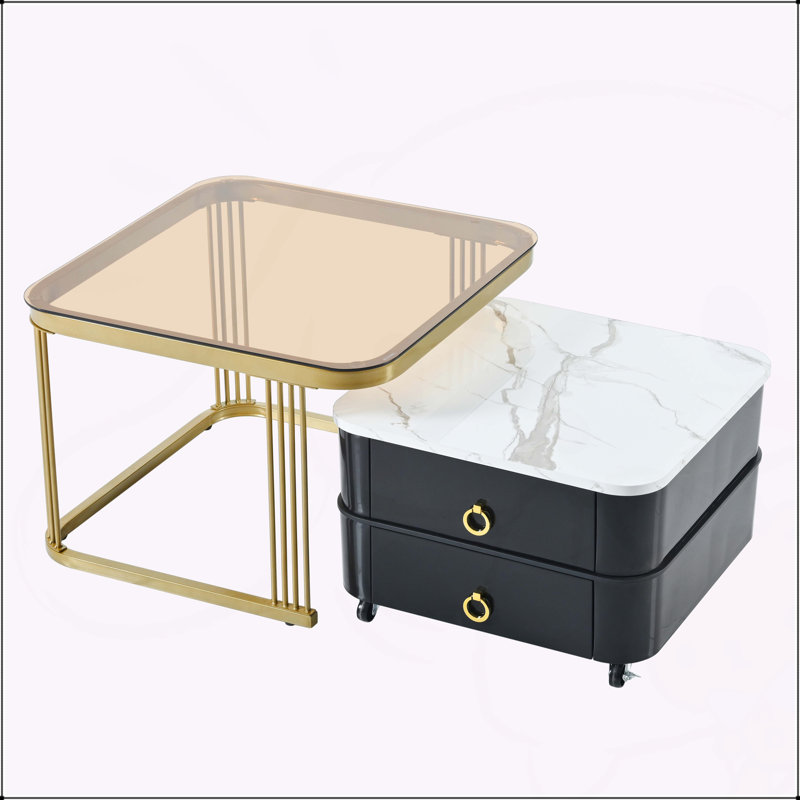 2-in-1 Square Nesting Coffee Table with Wheels & Drawers, Stackable Side Table with High Gloss Marble Grain Top, End Table Set for Living Room