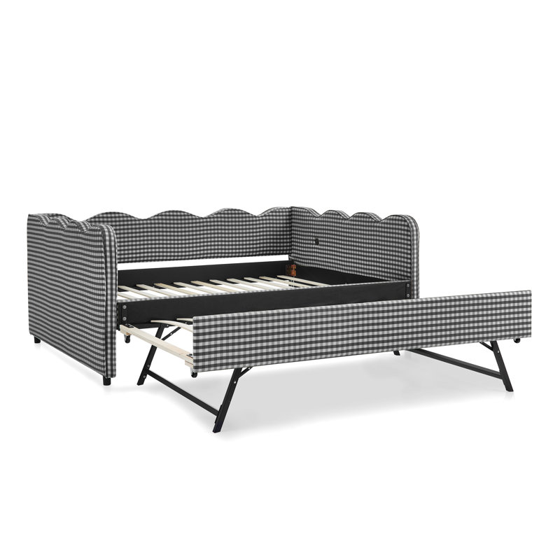 Lit de jour double en vichy double avec couchette simple sans sommier, avec port USB et adorable tissu en forme de vague