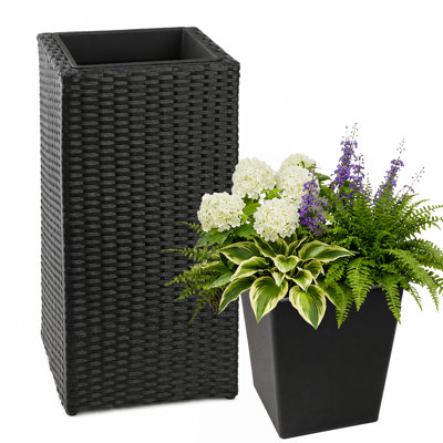 SOLHOME 25.2" Tall Black Square Planter Box, Resin Wicker Plant Pot with PP Insert – Indoor Outdoor Decorative Planter for Patio or Entryway