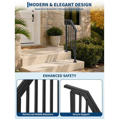 2pcs Adjustable Handrail for 1-2 Outdoor Steps, Wrought Iron Stair Railing with Balusters, Black, 500 LBS