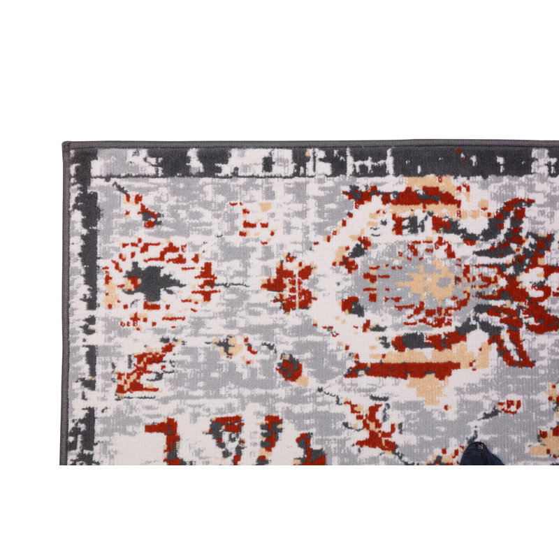 Tapis floral gris / rouge, Rectangle 7 pi 8 po x 11 pi