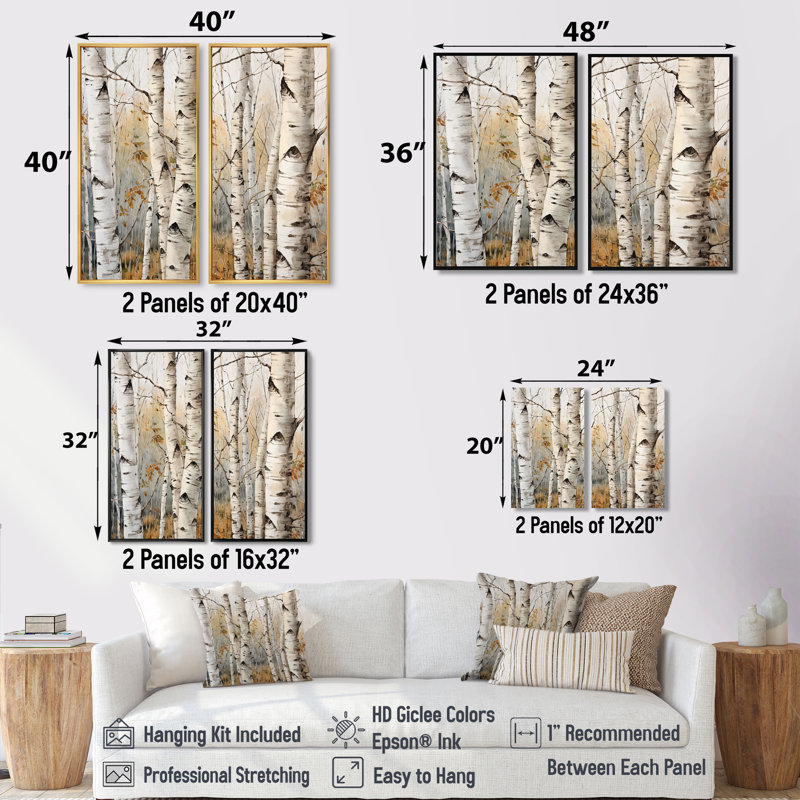 Beige argenté bouleau beauté III - art mural sur toile de grand bouleau, H 36 po x l 48 po, Impression encadrée flottante