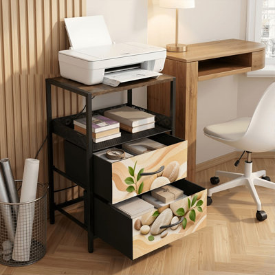 Table de chevet 2 tiroirs avec station de charge, table de chevet de chambre à coucher avec ports USB, tablette ouverte noire, table de chevet avec composition en pierre naturelle minimaliste, feuilles vertes, impression de tons de terre ondulés