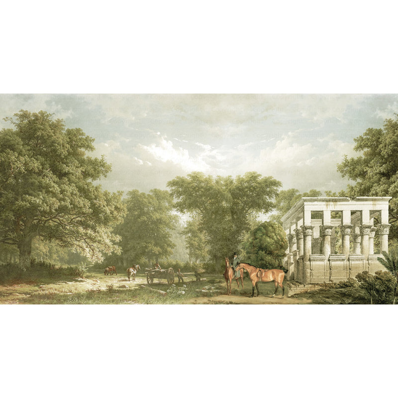 Scenic Countryside Mural With Classical Ruins, Light Green, 118" L x 225" W