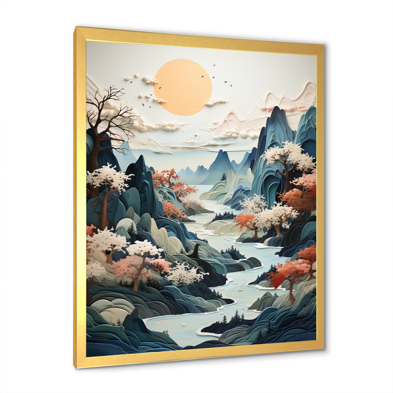 Minimalisme, rivière japonaise, paysage montagneux encadré sur toile, Cadre doré simple, H 32 po x l 24 po x P 1 po
