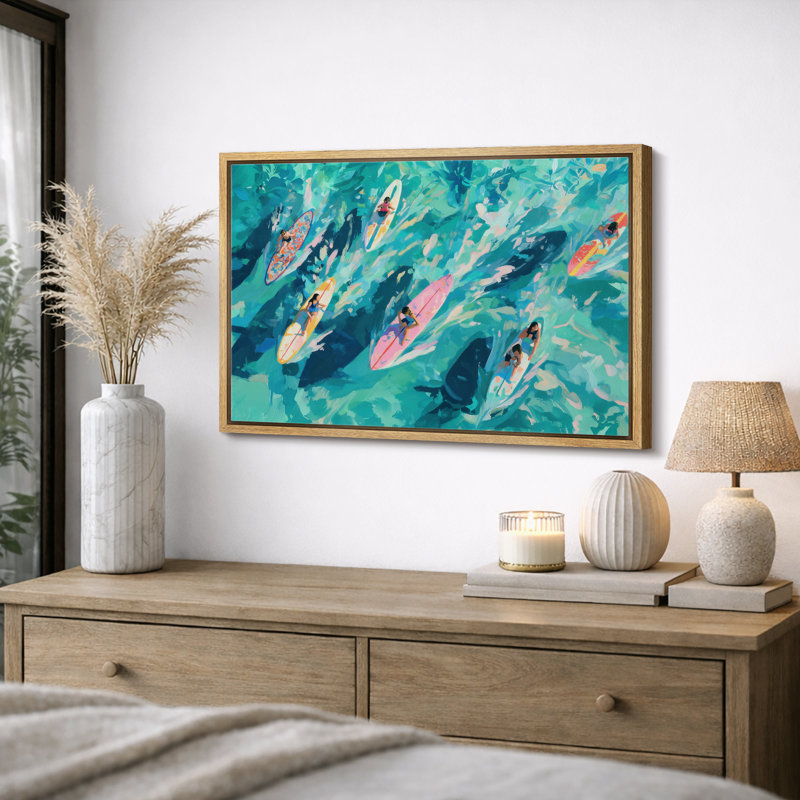 «Surfers in the Waves», reproduction d'art sur toile encadrée, impression sur toile encadrée, 24" H x 36" W x 1.5" D