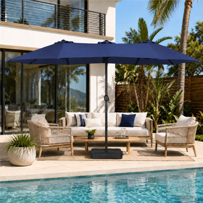 15 ft. x 9 ft. Rectangular Market Umbrella with Base, Triple-size Patio Parasol, Navy Blue(Sand Not Included)