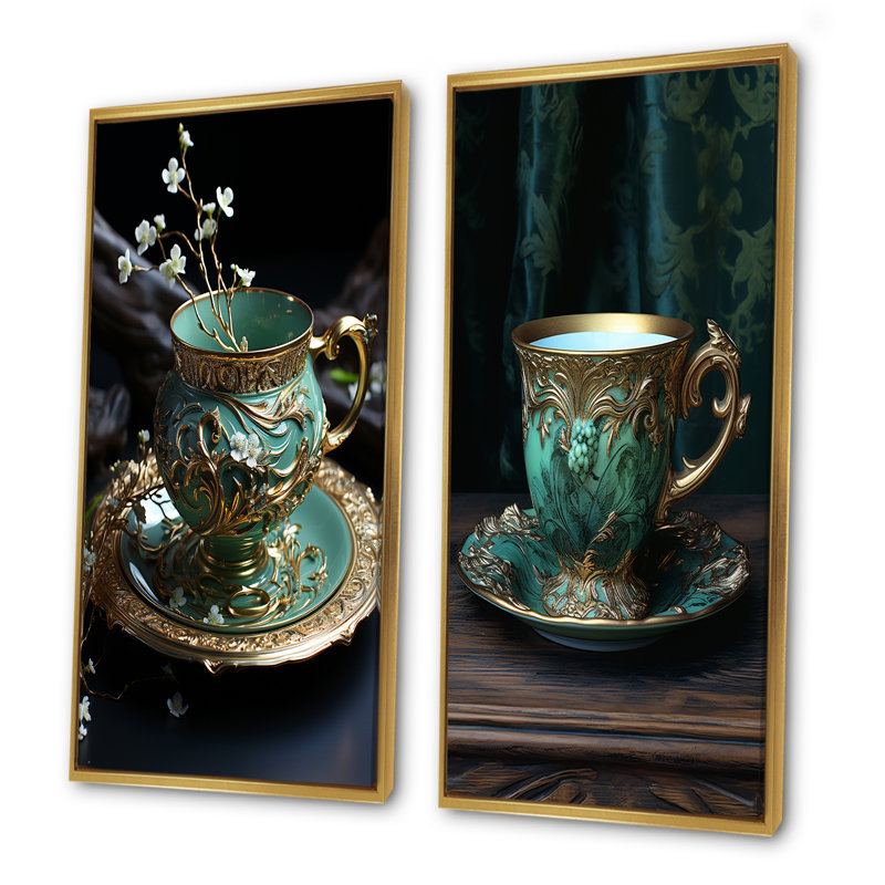 «Elixir In Tea Elegance», ensemble de 2 impressions murales sur toile, H 40 po x l 41 po, Encadrement doré