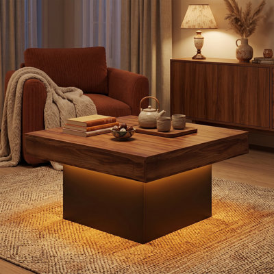 35.5" Square RGB LED Coffee Table with 20 Colors and 21 Dynamic Modes, Rustic Brown & Black