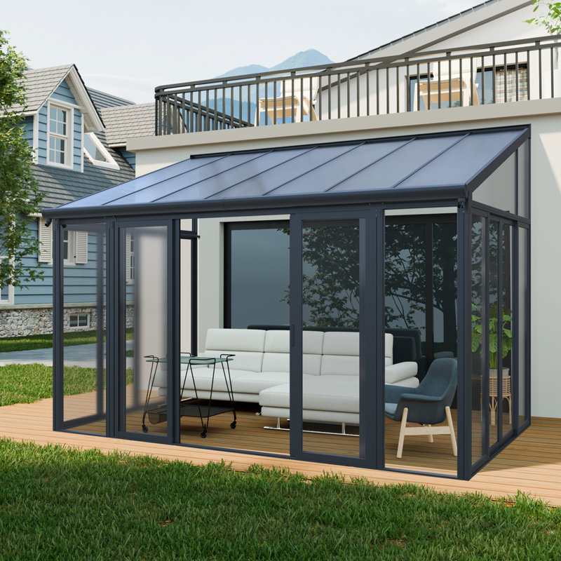 14x10 Wall-mounted Sunroom,enclosed Patio Cover Gazebo Solarium With Polycarbonate Roof And Lockable Sliding Doors For Deck Or Patio Black