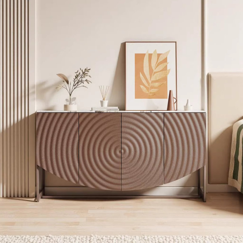 Buffet Modern Luxury 3D Wave Texture avec plateau en faux marbre - Buffet brun antique de 62,8 po pour le rangement du salon et de la salle à manger